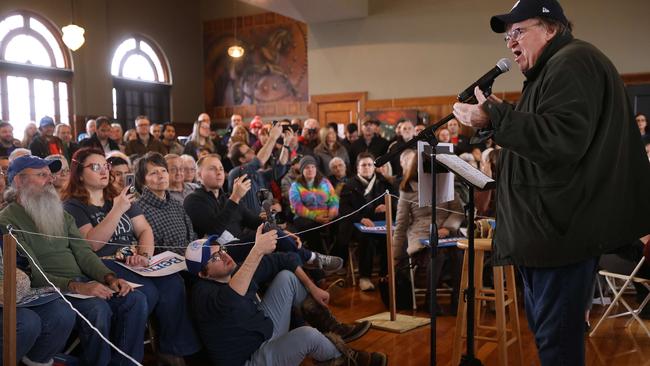 Michael Moore speaks at a campaign event in Perry, Iowa. Picture: AFP.