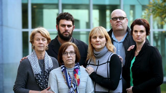 Barbara Spriggs, Clive Spriggs, Rina Serpo and Alma Krecu, Stewart Johnston and Patrina Cole family members of deceased residents at Parliament House in Canberra. Picture: Kym Smith