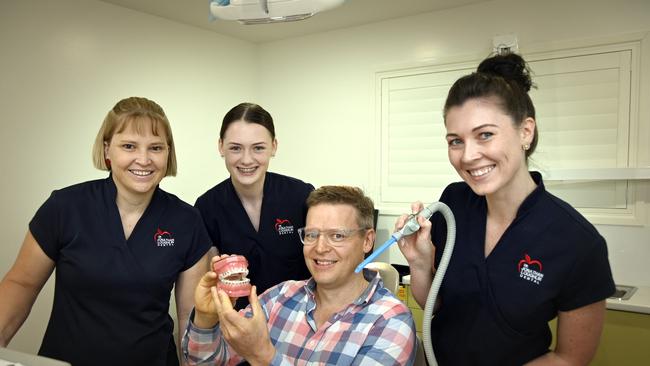 Dr Loughlin with, from left; Raelene Wilks, Katie Johns, Theresa Comerford. Jonathan Loughlin Dental, Bridge St, win online poll for favourite Toowoomba Dentist. Picture: Bev Lacey