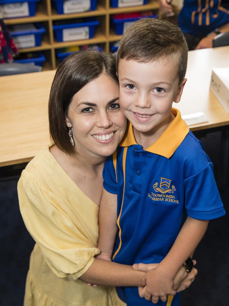 Toowoomba Grammar School Prep student Mac Byrnes with mum Danica Byrnes on the first day of school, Tuesday, January 23, 2024. Picture: Kevin Farmer