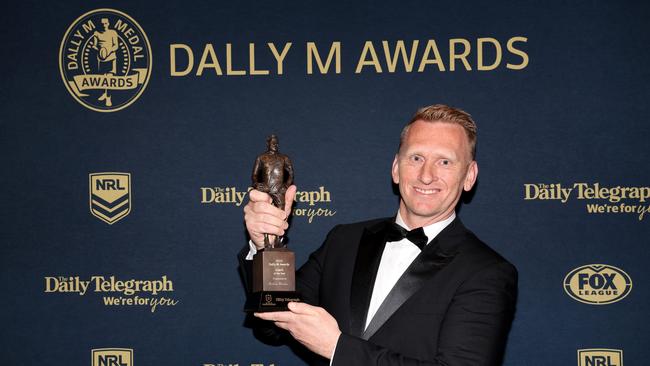 Not content with claiming the coach of the year award, Warriors coach Andrew Webster also delivered the speech of the night. Picture: Getty Images.