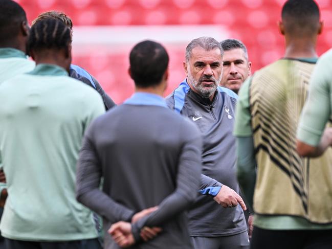 Postecoglou has a word to his team while training in Bilbao. Picture: Justin Setterfield/Getty Images