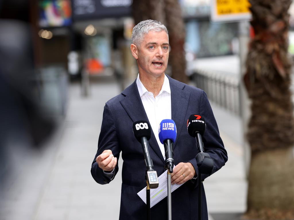 SYDNEY, AUSTRALIA – NewsWire Photos SEPTEMBER 15, 2024: John Graham Special Minister of State, Minister for Roads, Minister for the Arts, Minister for Music and the Night-Time Economy, Minister for Jobs and Tourism pictured talking to media at a press conference in Martin Place, Sydney CBD. Picture: NewsWire / Damian Shaw