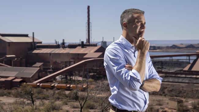 Premier Peter Malinauskas on Monday stands on Hummock Hill Lookout in Whyalla, overlooking Whyalla steelworks. Picture: Brett Hartwig