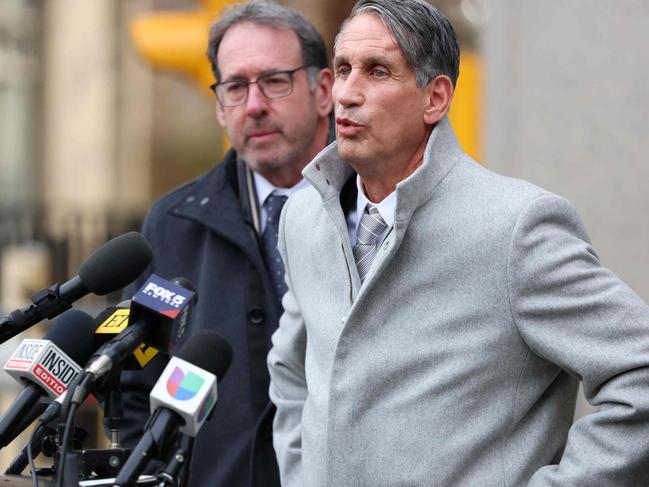 Baldoni's lead counsel Bryan Freedman, speaks to the press at US District Court after a pre-trial hearing in February. Picture: CHARLY TRIBALLEAU / AFP