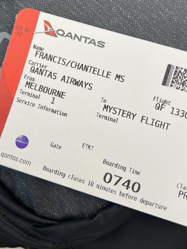 The boarding passes said passengers were going on a “mystery flight” because they weren’t actually landing anywhere when they left Australia. Picture: Chantelle Francis / news.com.au