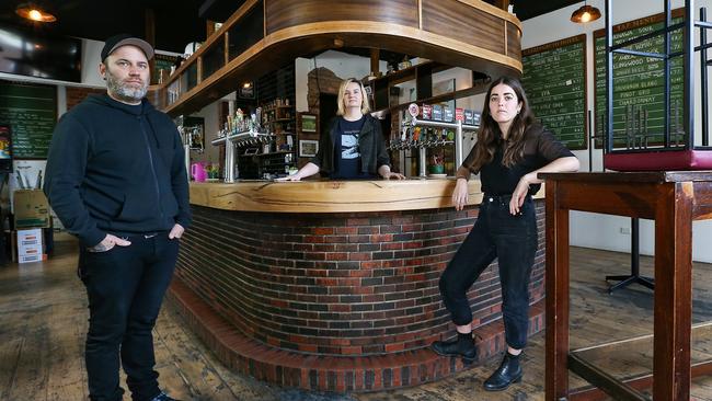 Owner Liam Matthews at The Carringbush Hotel back in 2020 with Head Chef Roxanne Olsen and Manager Katie Drane. Picture: Ian Currie