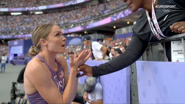 Chari Hawkins pleaded with her coach. Photo: Eurosport.