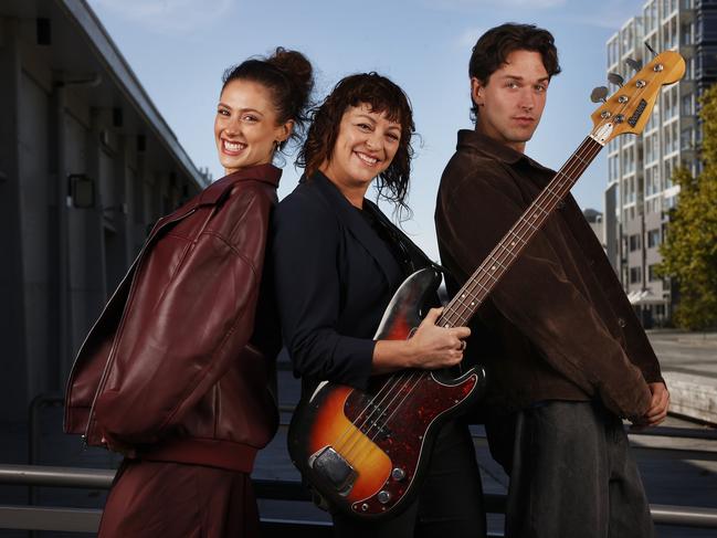 Monique Brumby (centre) with Bonsai members Charlotte Lucretia and Joe Vere, who will all be part of the 2025 Festival of Voices. Picture: Nikki Davis-Jones