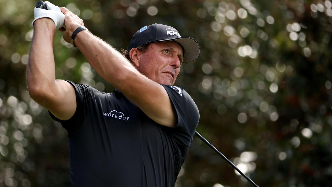 Phil Mickelson of the United States plays his shot from the 15th tee during the second round of the Masters at Augusta National Golf Club.