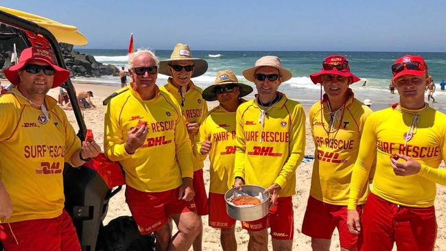 The surf lifesaving crew the late Raz Burtonwood was a member of went back on patrol on Monday, October 7. Pictured are captain Will O'Donnell, Eoin Johnston, Steve McNabb, Tony Rushton, Ruairi O'Donnell, Bill Coulter and Alex Chapman of Ballina Lighthouse and Lismore Surf Lifesaving Club.