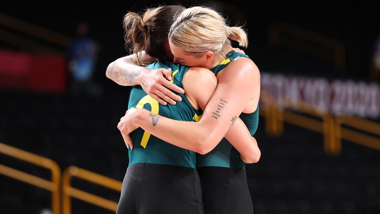 Bec Allen and Cayla George celebrate after defeating Puerto Rico.