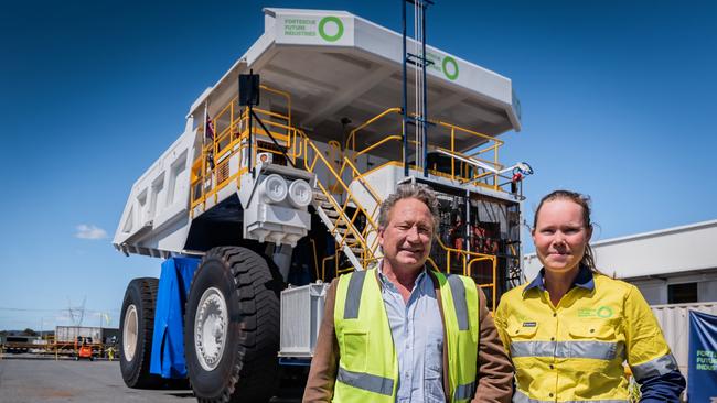 Andrew Forrest, chairman, and Julie Shuttleworth, Fortescue Future Industries CEO at the FMG Hazelmere facility near Perth in Western Australia. Picture: Tony McDonough