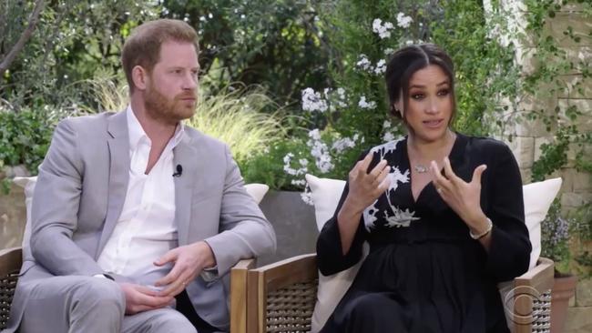 Harry and Meghan during their controversial interview with Oprah Winfrey. Picture: CBS