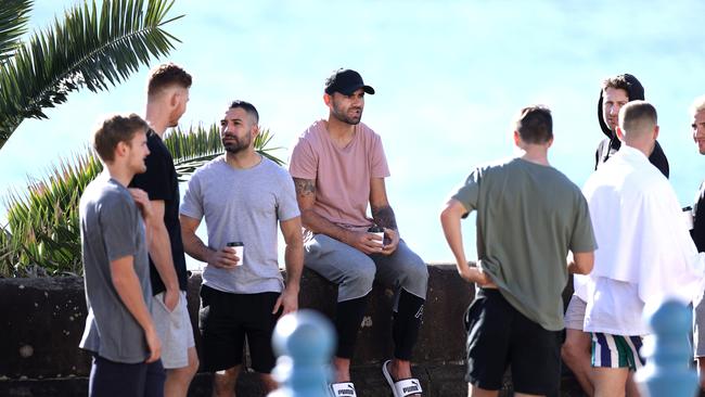 Hawthorn players enjoying the Coogee sunshine on Monday. Picture: Phil Hillyard