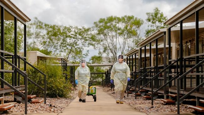 AUSMAT staff conduct a PPE drill at the Howard Springs quarantine centre. Picture: Glenn Campbell