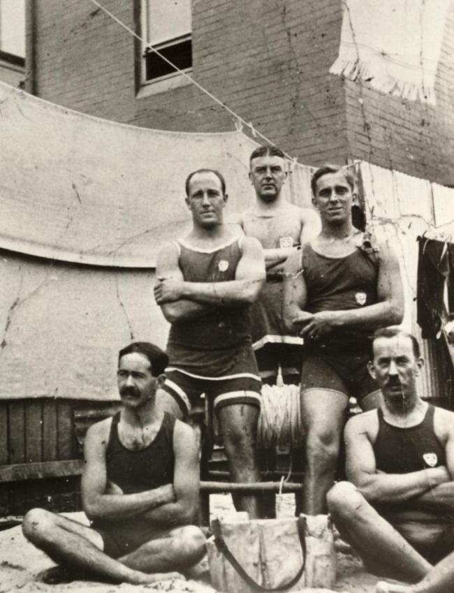 Australian Olympic swimmer Cecil Healy (back left) with members of Manly Surf Club, not to be confused with the Manly life Saving Club.