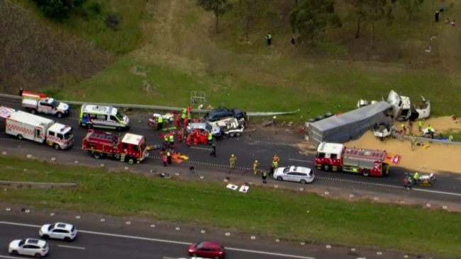 A two-year-old girl was killed, her sibling and mother fighting for life, while two others are critical and several injured after a truck crashed into a number of cars on Calder Freeway. Picture: Channel 9