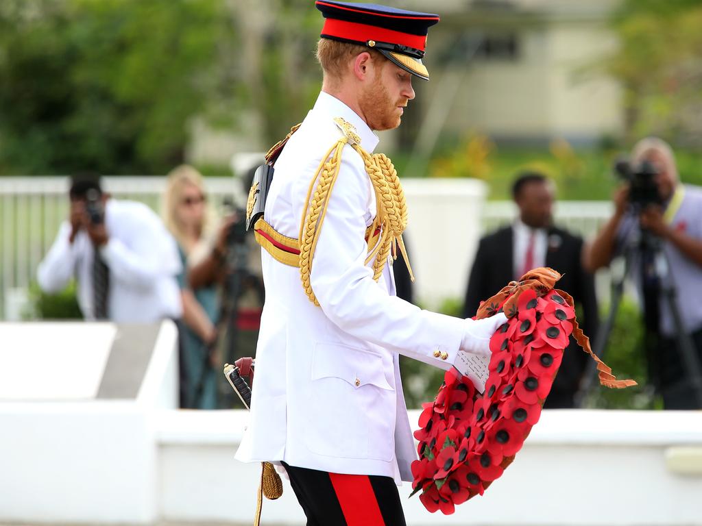 The Duke of Sussex Prince Harry visits the National War Memorial in Suva on day two of the tour of Fiji. Picture: Nathan Edwards.