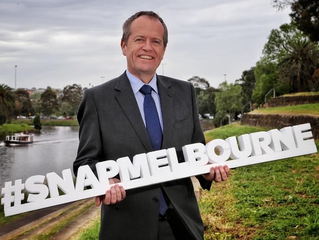 Labor leader Bill Shorten on the banks of the Maribyrnong River. Picture: Hamish Blair