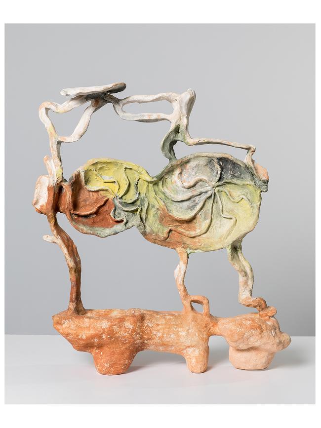 Aaron C. Carter, Clops, 2019, white raku, Wimmera terracotta, underglaze, 59 x 49 x 15 cm; $3400. Image courtesy ReadingRoom, Naarm / Melbourne. 