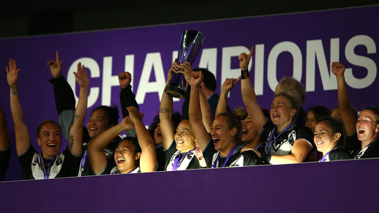 Kiwi Ferns celebrate after beating the Jillaroos in World Cup Nines women’s final.