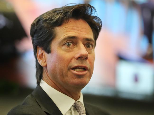 Melb based athletes and Gil McLachlan to announce a new Telstra/Kayo offering. Gil McLachlan and Telstra CEO Andy Penn. Picture: Alex Coppel.