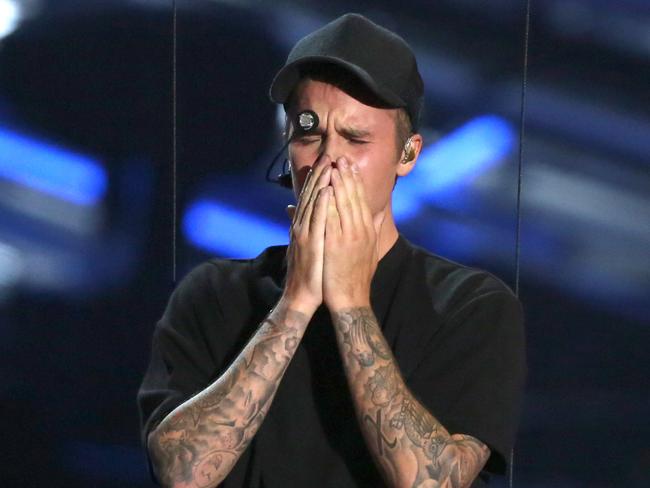 Upset ... Justin Bieber reacts after performing at the MTV Video Music Awards. Picture: AP