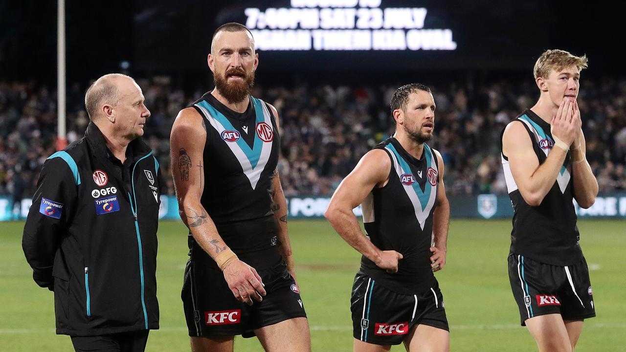 It hasn’t been a good year for Ken Hinkley and his players. Picture: Sarah Reed/AFL Photos via Getty Images