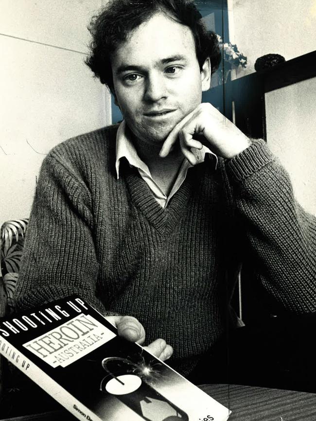 Simon Davies in 1986 with his book Shooting up, Heroin Australia. Picture: Muhlbock