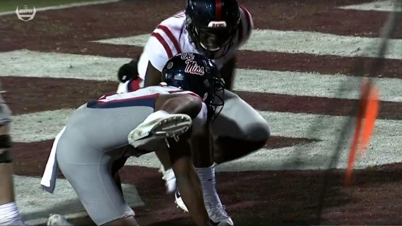 Ole Miss receiver Elijah Moore pretends to urinate like a dog after scoring a late touchdown against Mississippi State.