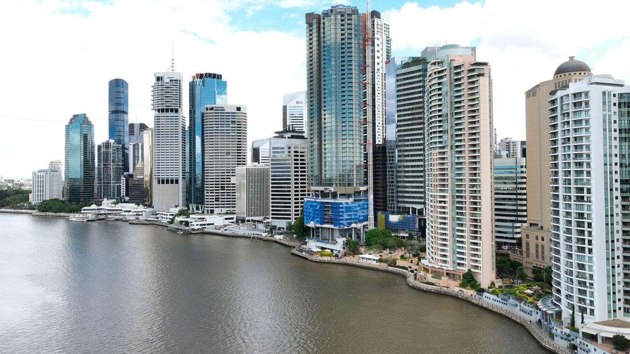 An aerial view of the Brisbane city skyline.