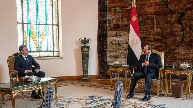 Egypt’s President Abdel Fattah Al Sisi, right, meets with US Secretary of State Antony Blinken, left in Cairo on Sunday. Picture: AFP