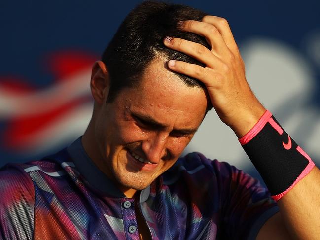 NEW YORK, NY - AUGUST 28: Bernard Tomic of Australia reacts during his first round Men's Singles match against Gilles Muller of Luxembourg on Day One of the 2017 US Open at the USTA Billie Jean King National Tennis Center on August 28, 2017 in the Flushing neighborhood of the Queens borough of New York City.   Clive Brunskill/Getty Images/AFP == FOR NEWSPAPERS, INTERNET, TELCOS & TELEVISION USE ONLY ==