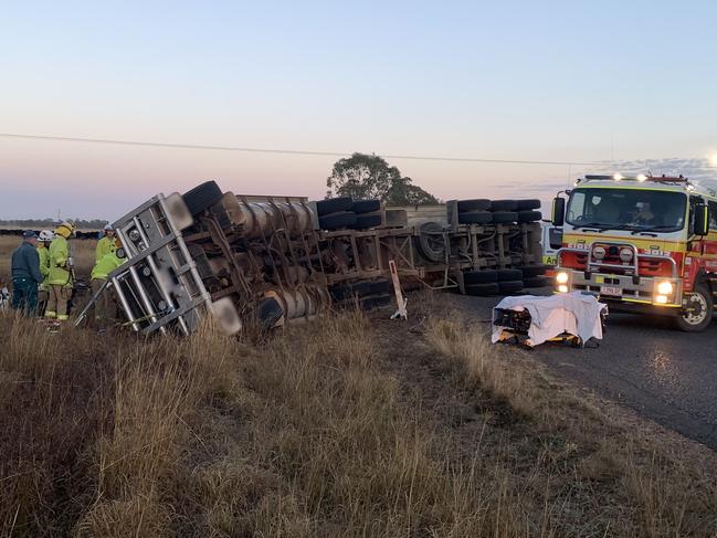 Emergency services attending the scene of a truck rollover on Millmerran-Leyburn Rd early this morning. Photo: Lifeflight Media