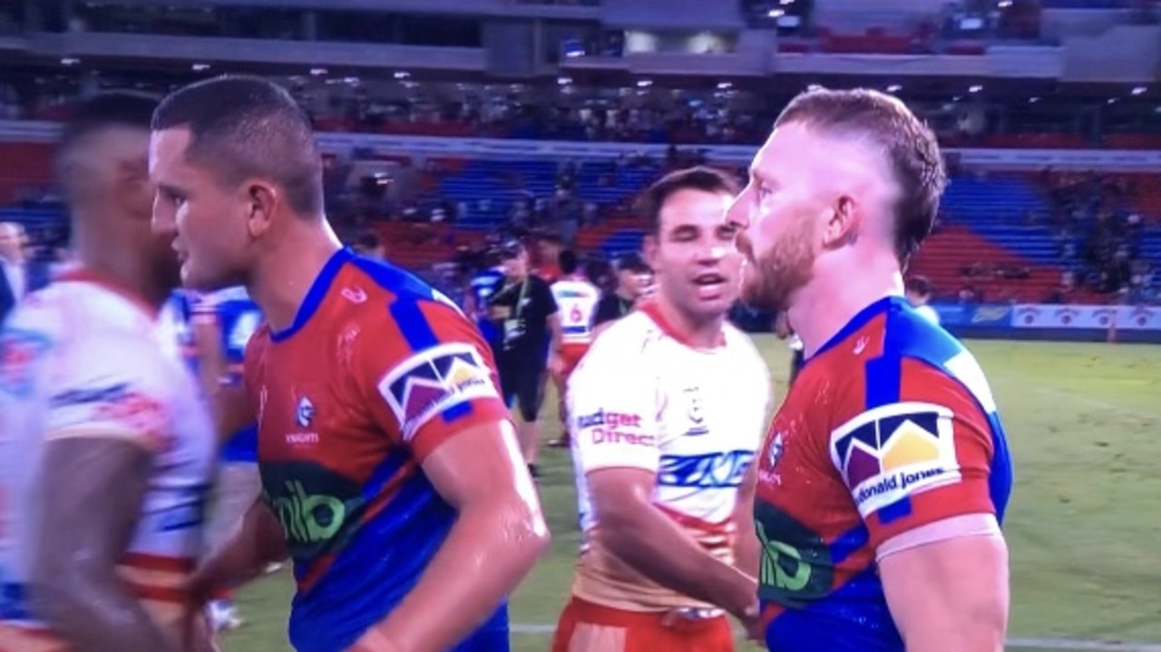 Jackson Hastings refused to look Sean O’Sullivan in the eye. Picture: Fox League