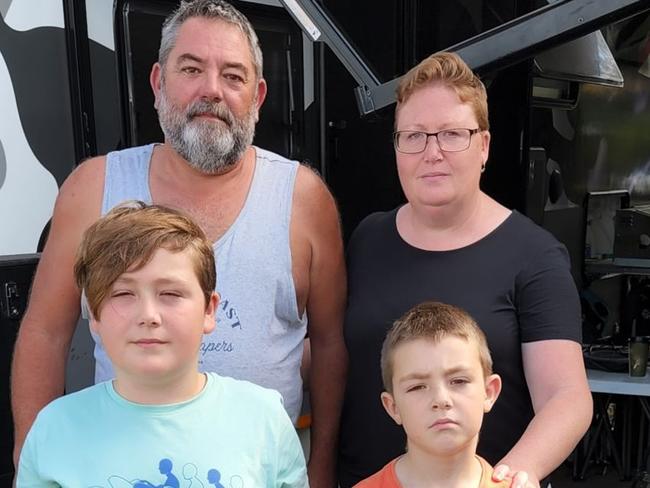 Stewart and Linda Gander with their sons Angus and Owen from Benalla in Victoria were staying at a Yeppoon caravan park during the school holidays when their $350,000 Ford F350 was stolen by juvenile offenders who dumped it in the crocodile-infested Fitzroy River.