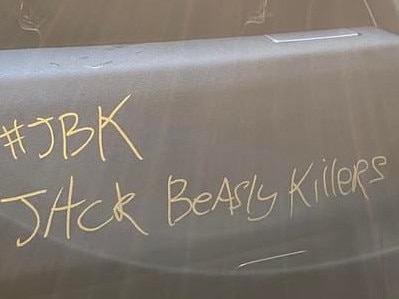 Graffiti on a stolen car found abandoned on the Gold Coast.