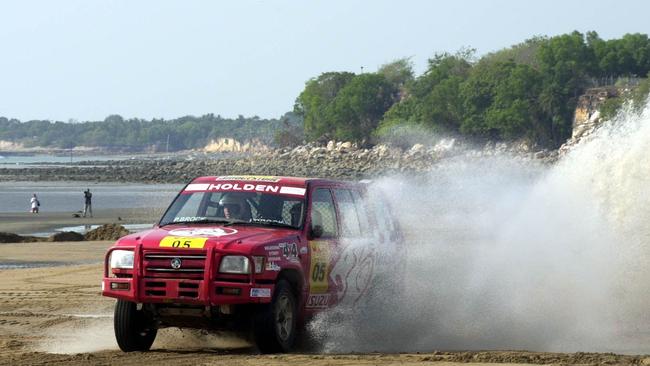 Australian Touring Car legend Peter Brock in action in his Holden Jackaroo on Darwin’s Mindil Beach. Brock finished second in the Auto Division of the 2001 Australian Safari in the Northern Territory.