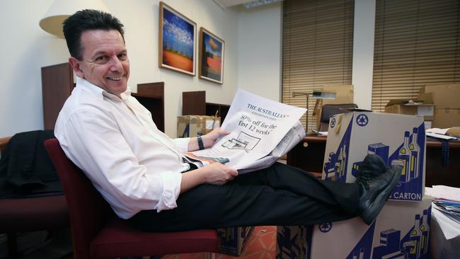 Nick Xenophon on his final day in his Senate parliamentary office. Picture: Gary Ramage