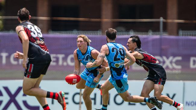 Mensch playing for the Buffaloes against the Tiwi Bombers. Picture: Pema Tamang Pakhrin