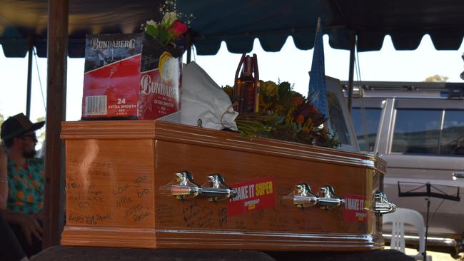 Cody Bergemann’s coffin was decorated with personalised messages from friends and family. Photo: Elizabeth Neil