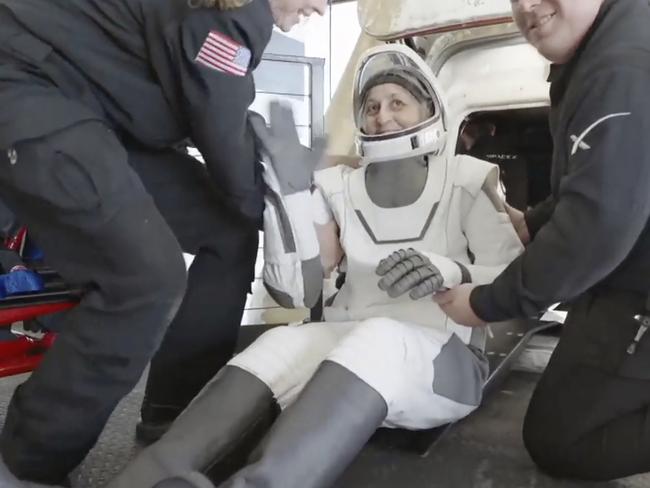 NASA’s Suni Williams exits the SpaceX capsule. Picture: SpaceX via AP