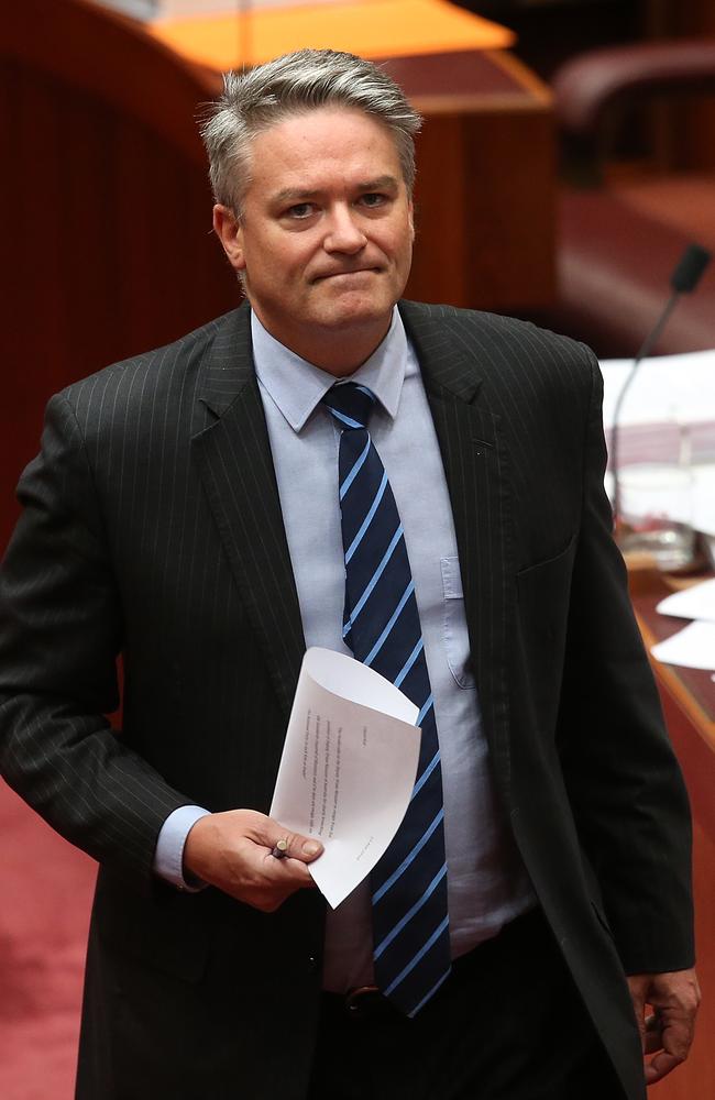 Senate Leader and Finance Minister Senator Mathias Cormann during a motion in the Senate Chamber at Parliament House in Canberra today. Picture Kym Smith