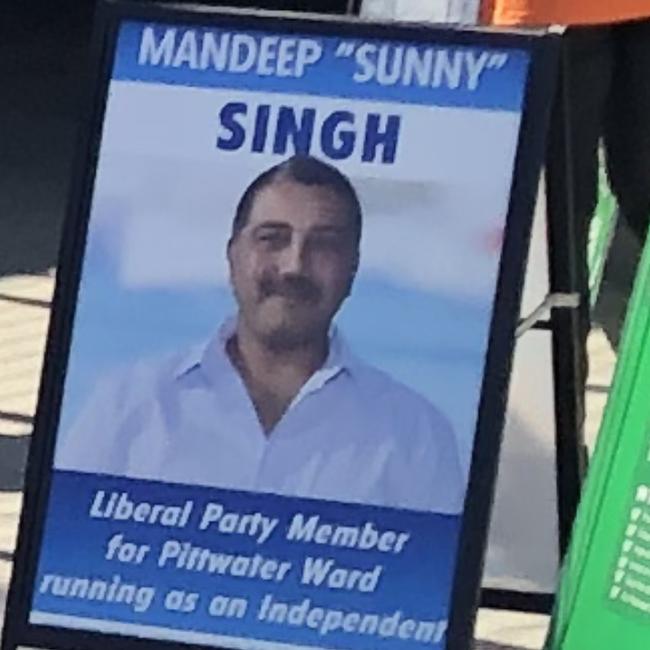 A corflute, without a Liberal Party logo, for Mandeep "Sunny" Singh, a candidate in the Northern Beaches Council election. Picture: Jim O’Rourke