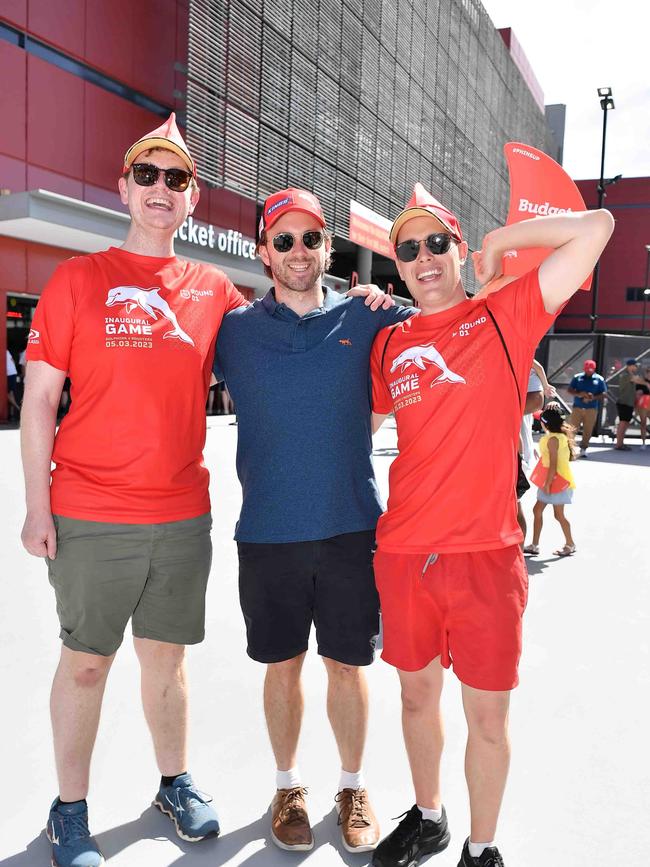 Kiran Collins, Andrew Foster and Al Barnett at Roosters V Dolphins, Suncorp Stadium. Picture: Patrick Woods.