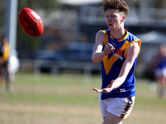 September 7, AFL Outer East (football) Premier Division 1st semi-final: Woori Yallock v Cranbourne.50 Nickolas Darbyshire handballs for Cranbourne.Picture: Stuart Milligan