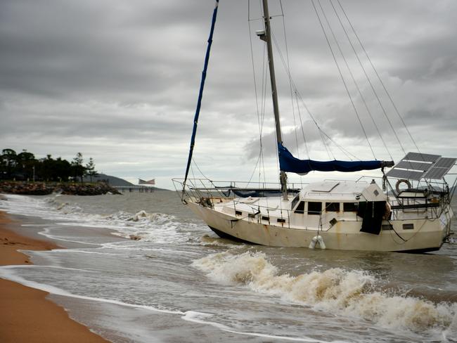 Cyclone Kirrily Townsville 2024. A boat washed up on the Strand, near the C Bar. Picture: Evan Morgan