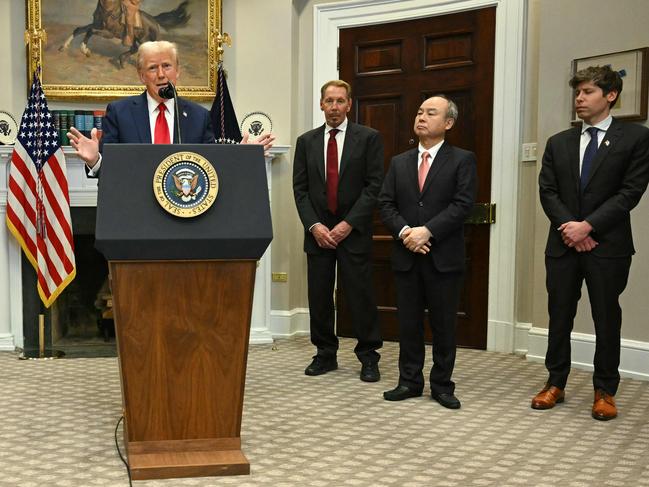 President Trump announces new AI funding flanked by Masayoshi Son, SoftBank Group Corp chief, Larry Ellison, Oracle chief, and Sam Altman, Open AI chief. Picture: AFP