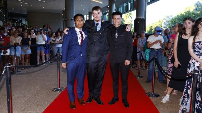 Nei Thang, Harrison Hodgson and Kobe Elliott arrive at the Trinity Bay High School formal evening, held at the Cairns Convention Centre. Picture: Brendan Radke